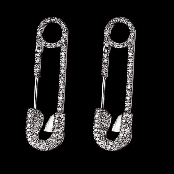 Silver Rhinestone Safety Pin Earrings, Minimalist - Picture 1 of 6